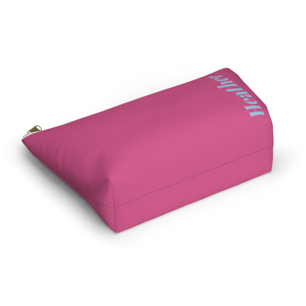 Hot Pink Blue Name personalized makeup bag shown at an angle