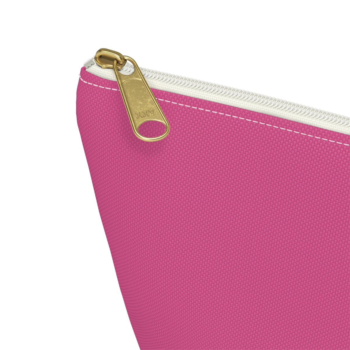 Close-up of the gold zipper pull on the Hot Pink Blue Name personalized makeup bag