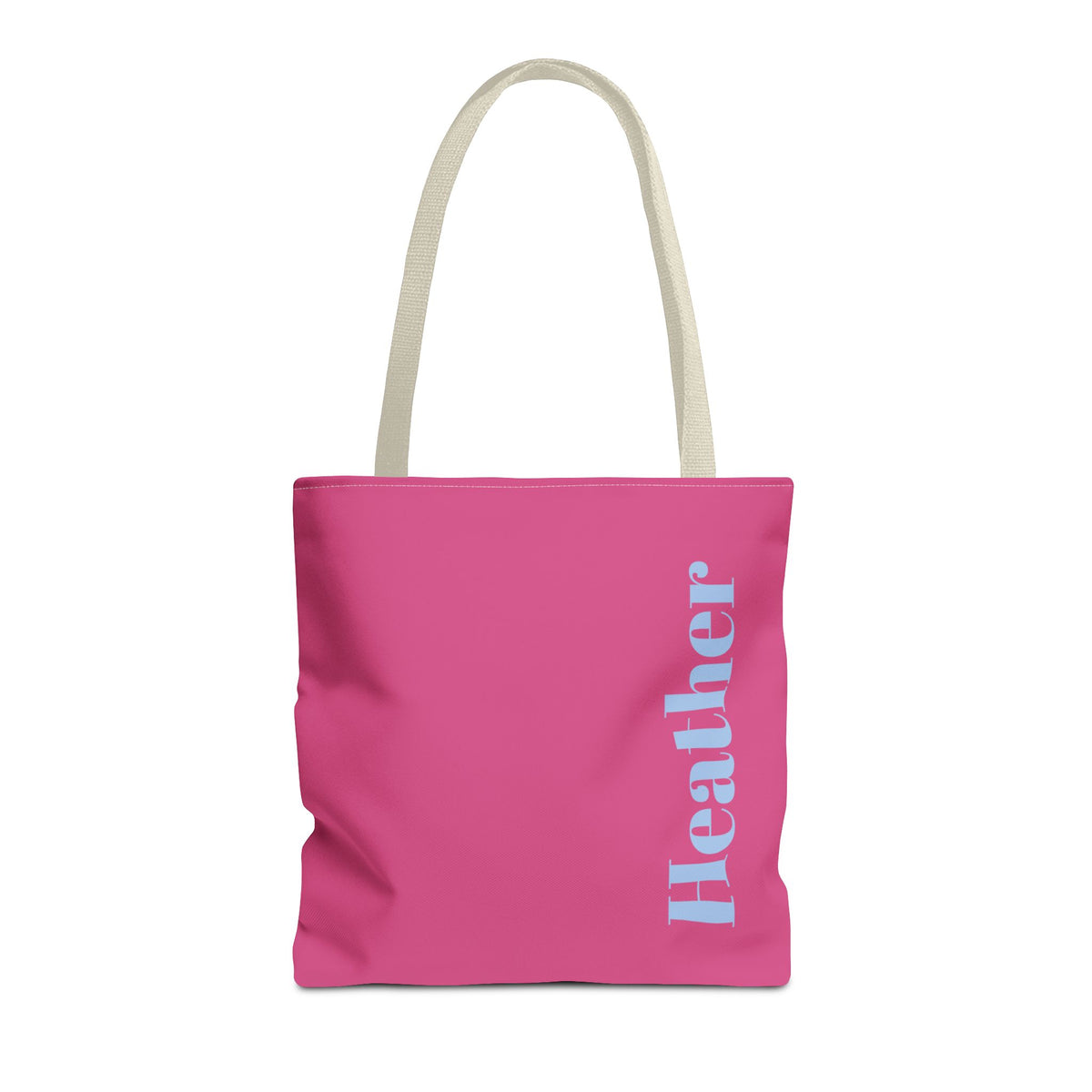 Hot Pink Blue Name personalized tote bag front view with cream handles