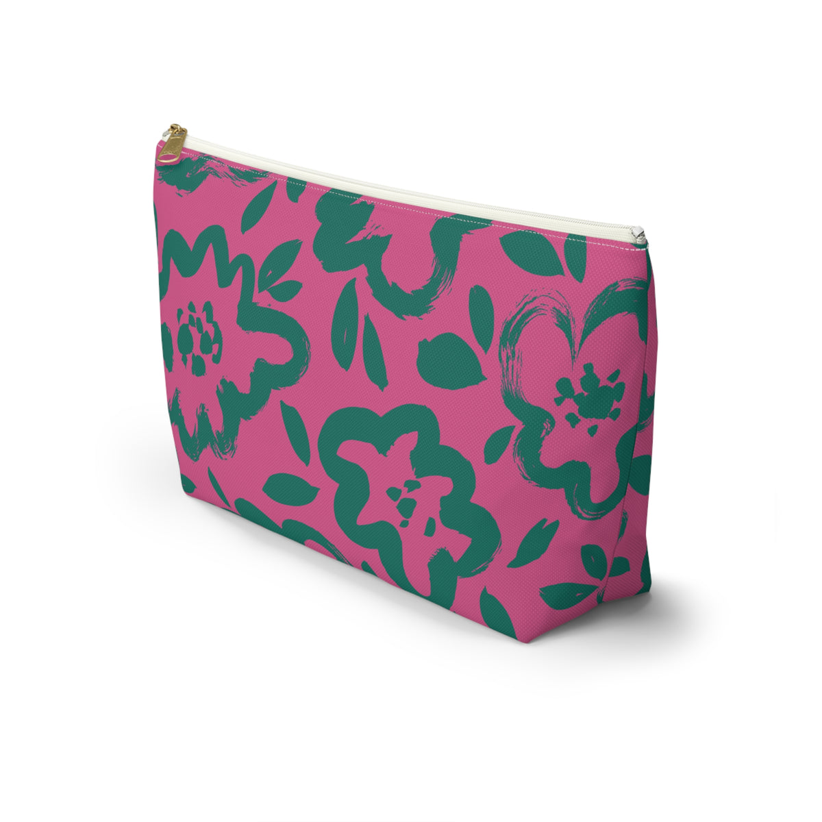 Side view of the hot pink green floral makeup bag with T-shaped bottom