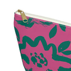Close-up of the gold zipper pull on the hot pink green floral makeup bag