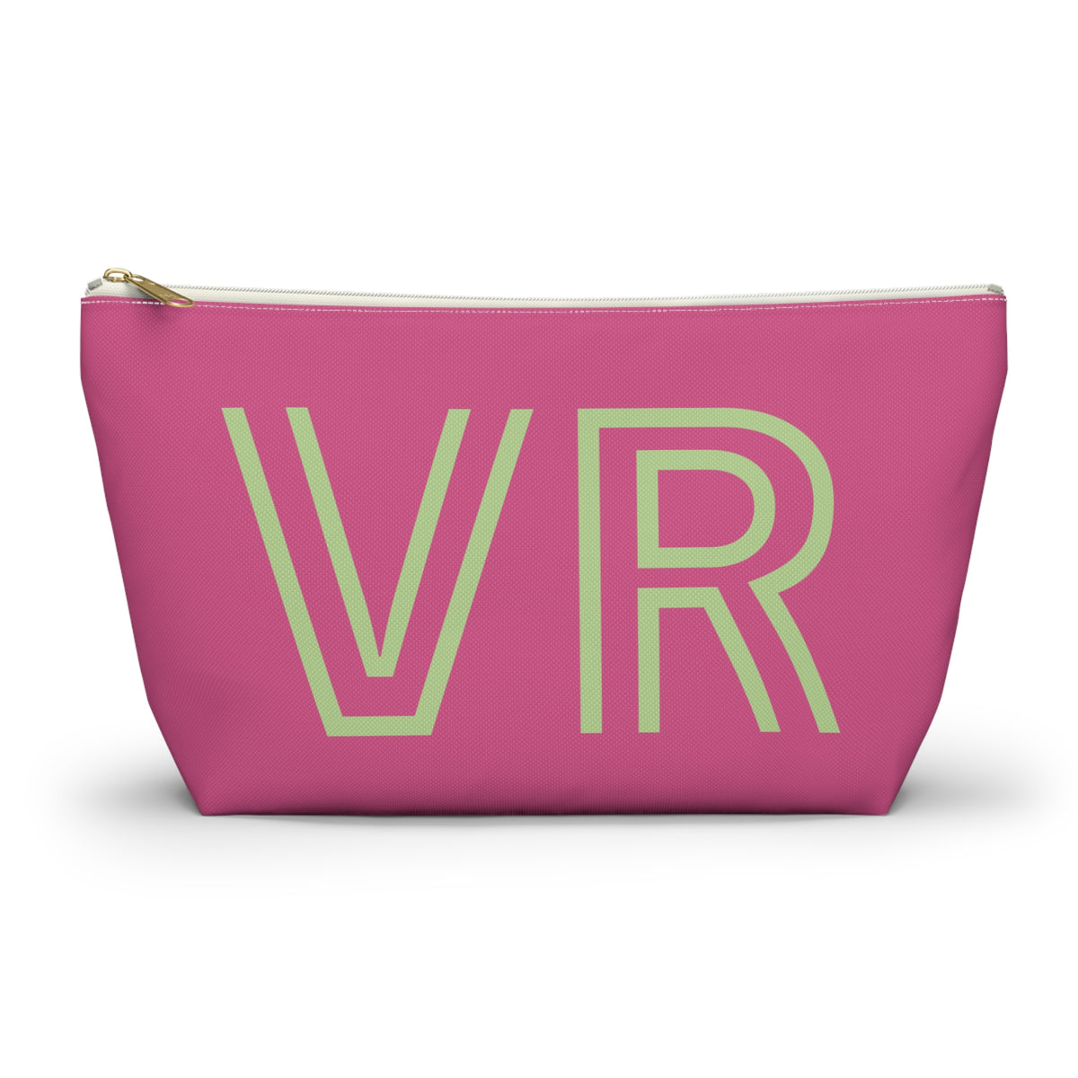 Hot pink personalized makeup bag with pale green outlined VR initials and gold zipper pull on a white background