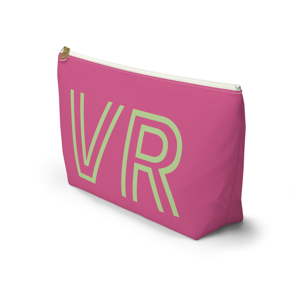 Side view of the hot pink green personalized makeup bag with outlined initials