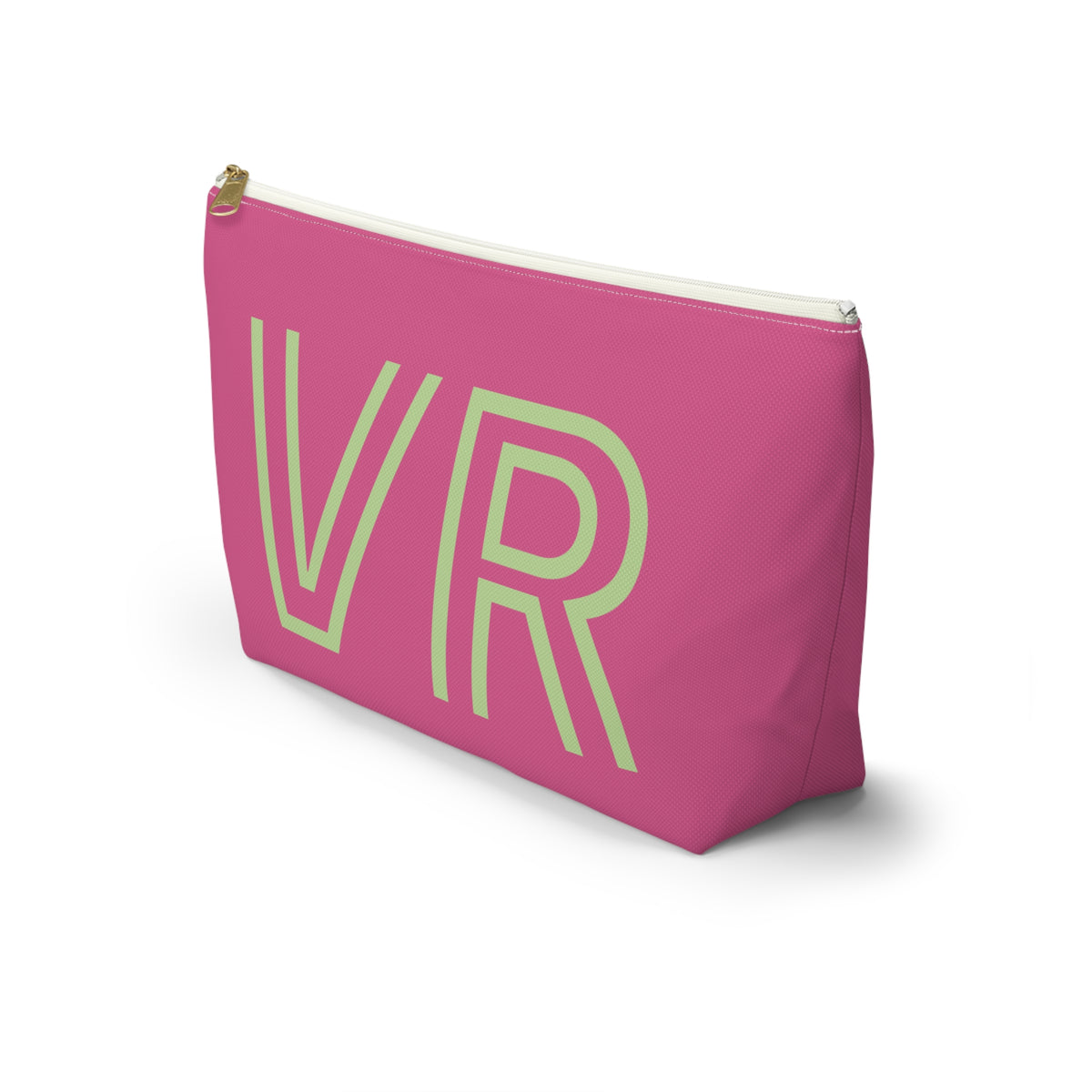 Side view of the hot pink green personalized makeup bag with outlined initials