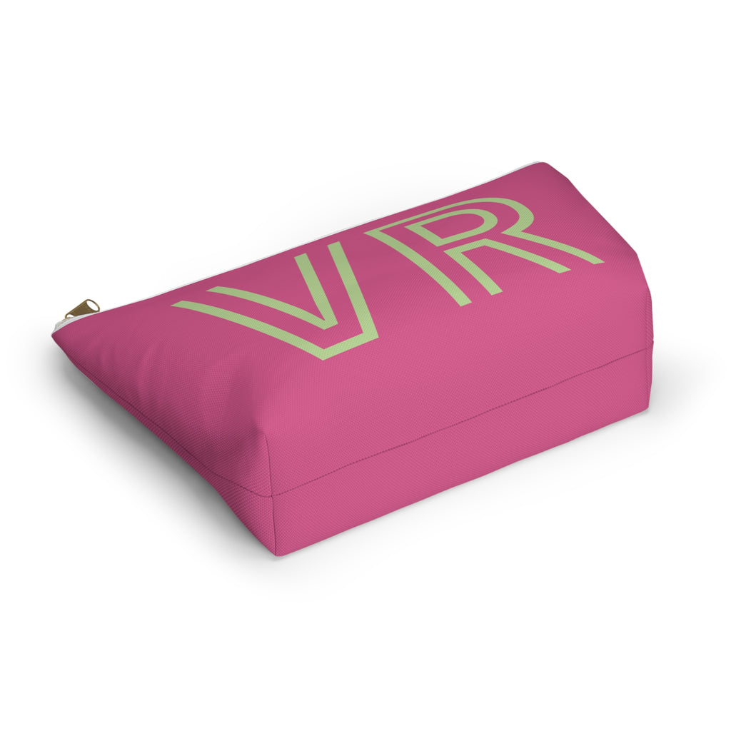 Hot pink green personalized makeup bag lying at an angle on a white background