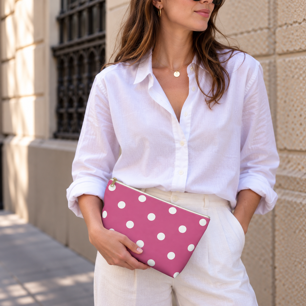 Woman in a white shirt holding the hot pink polka dot makeup bag as a clutch