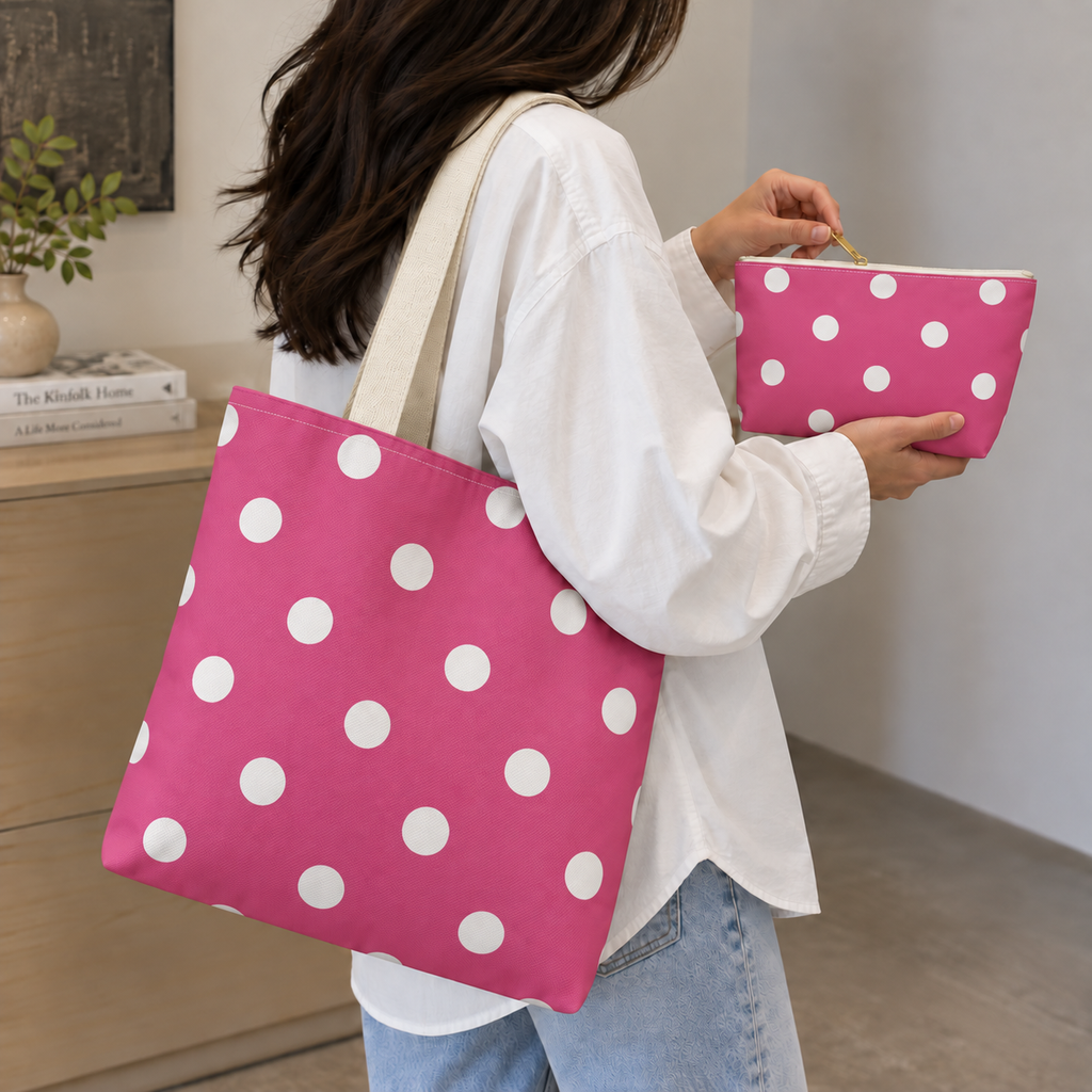 Woman carrying the hot pink polka dot tote bag next to the matching makeup bag
