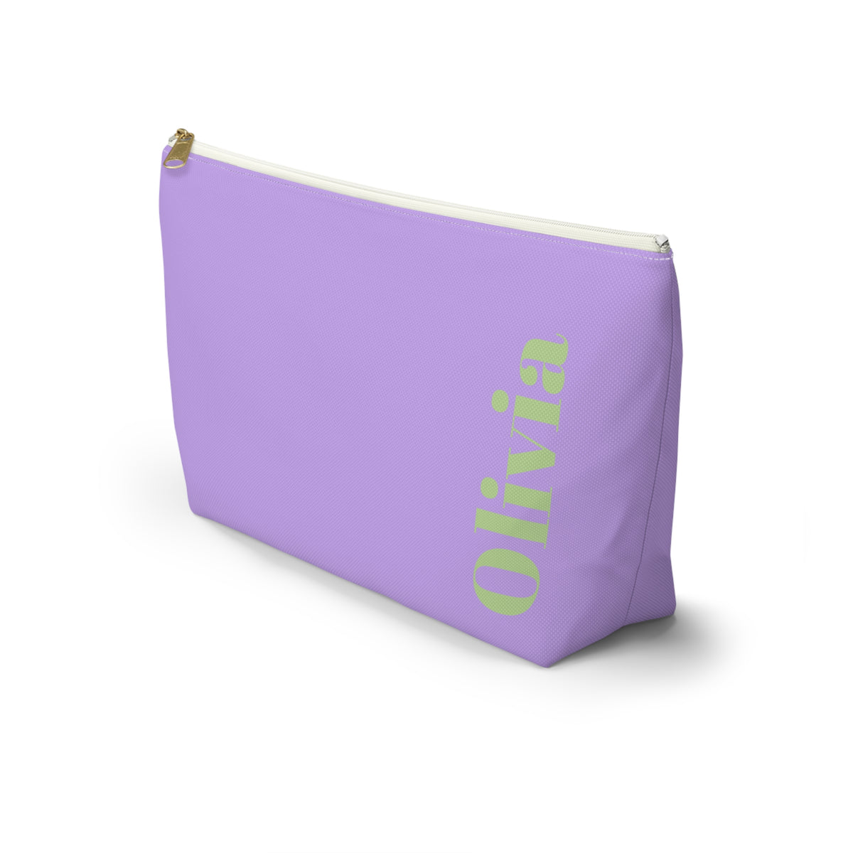 Side view of the Lavender Green Name personalized makeup bag