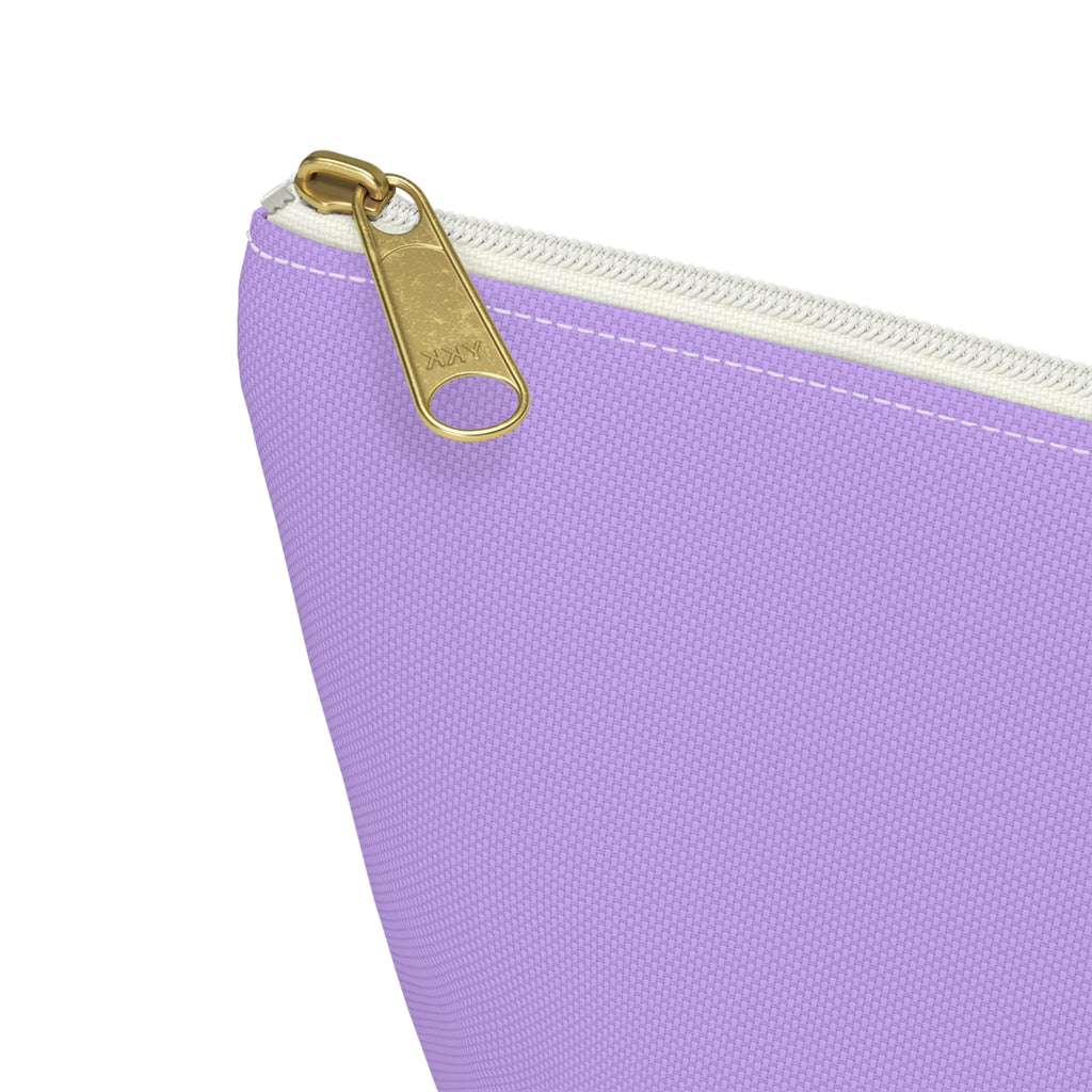 Close-up of the gold zipper pull on the Lavender Green Name personalized makeup bag