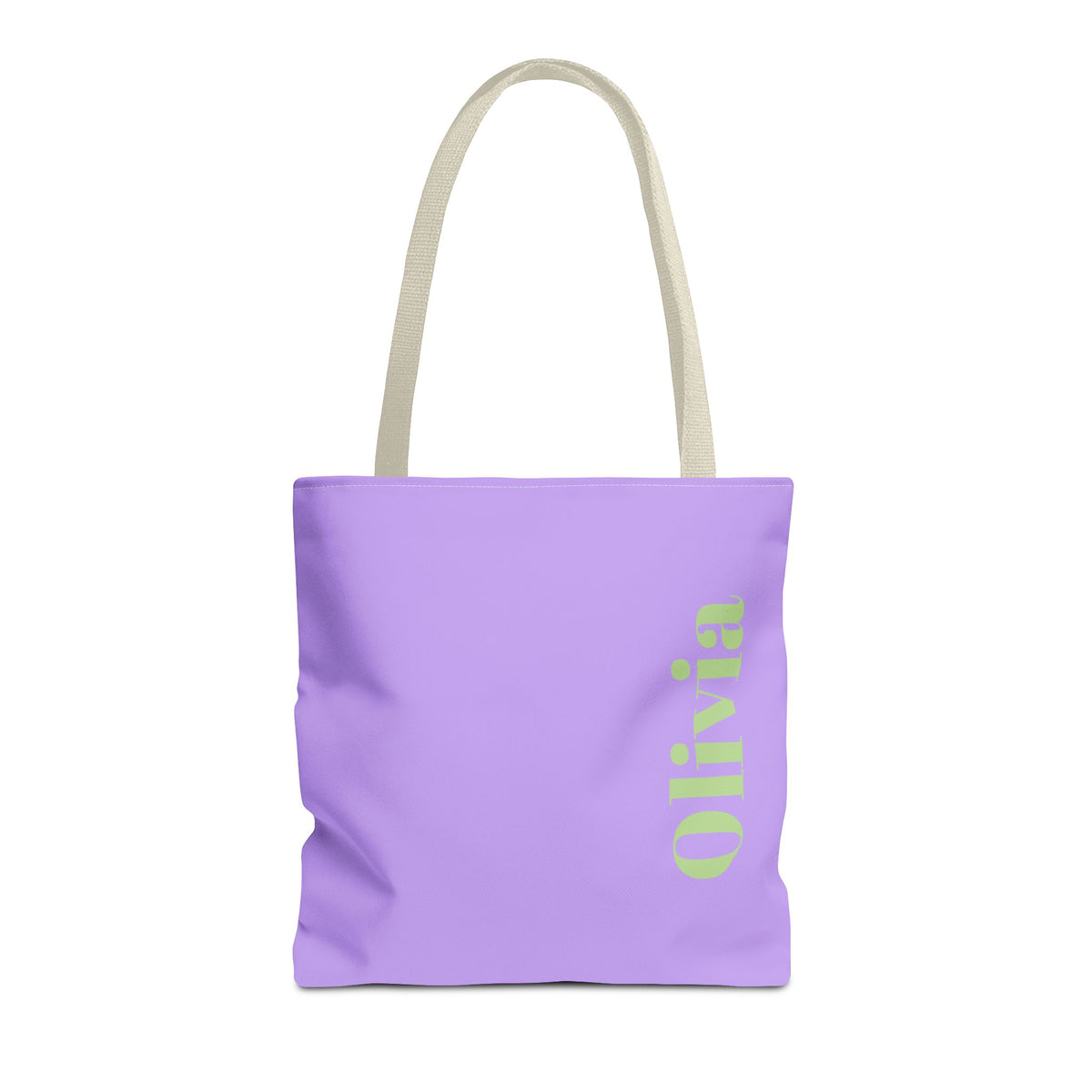 Lavender Green Name personalized tote bag front view with cream handles