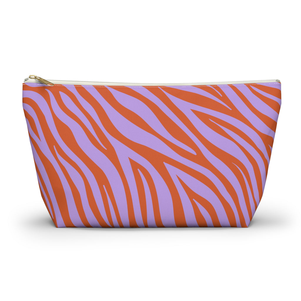 Lavender orange zebra print makeup bag with gold zipper pull, front view