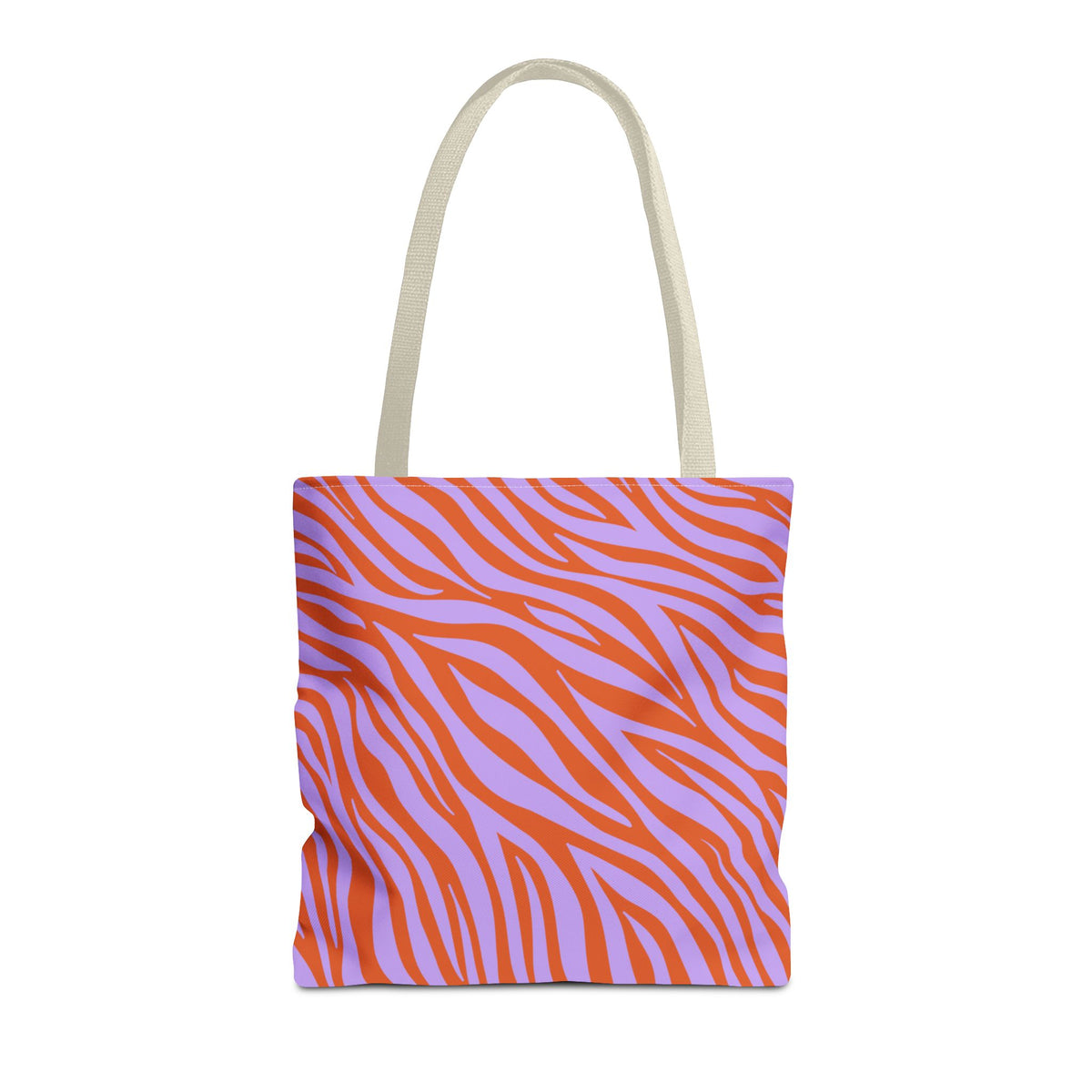 Lavender orange zebra print tote bag with cream handles on a white background