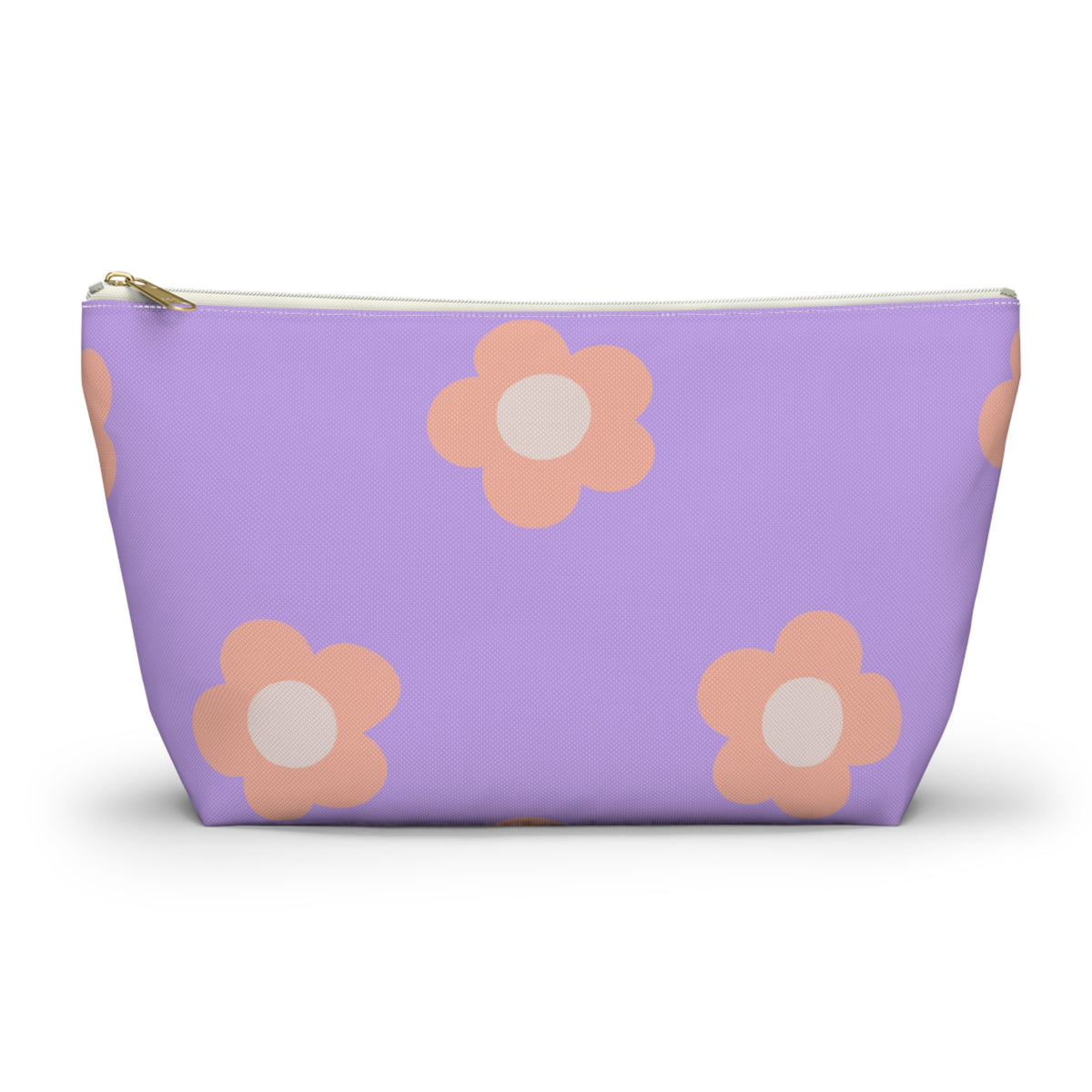 Lavender makeup bag with peach daisies and gold zipper pull on a white background