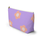 Side view of the lavender peach daisy makeup bag with T-shaped bottom