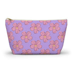 Lavender pink blossom floral makeup bag with gold zipper pull, front view on white background