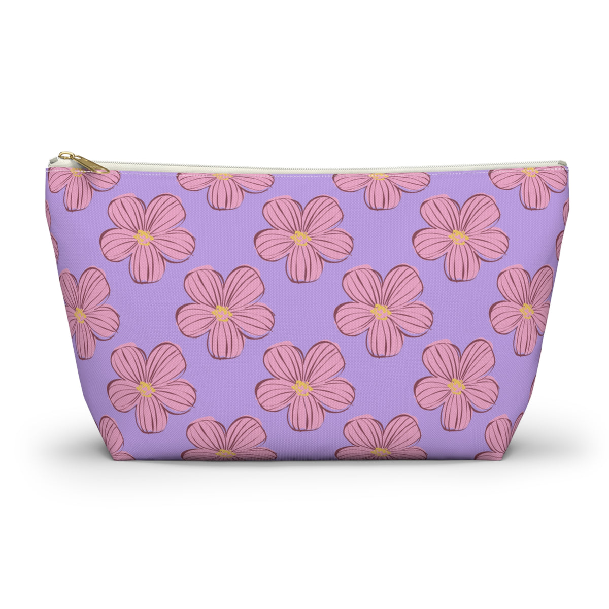Lavender pink blossom floral makeup bag with gold zipper pull, front view on white background