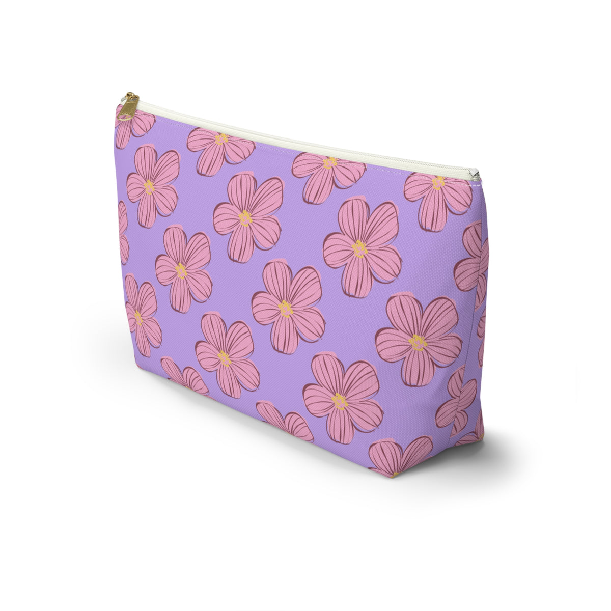 Side view of the lavender pink blossom makeup bag with T-bottom shape