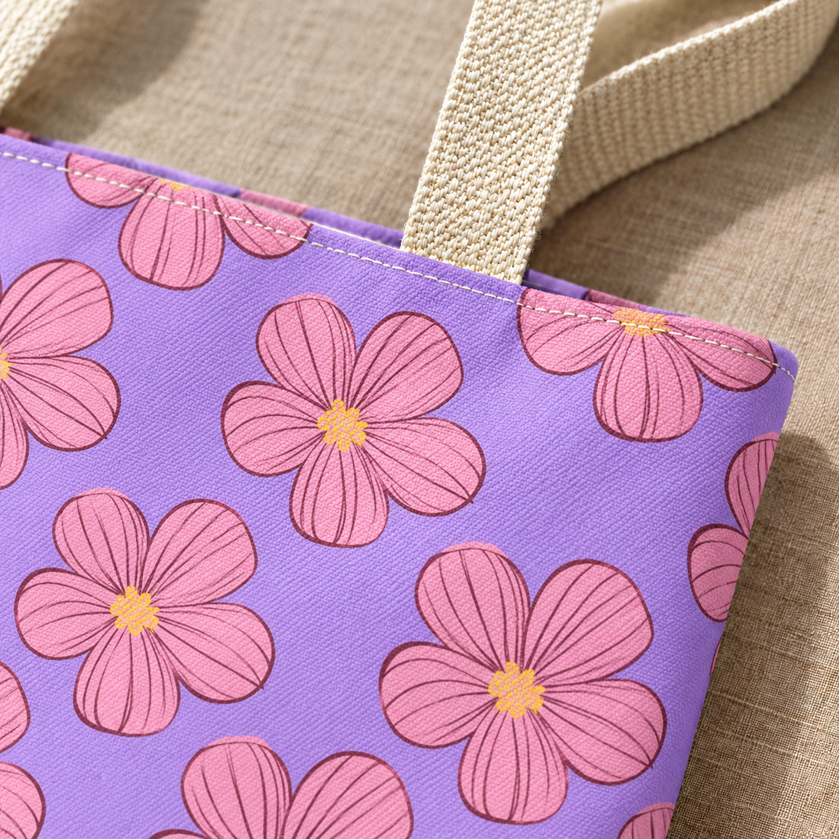 Close-up of pink blossoms with golden centers on lavender next to the tote handle