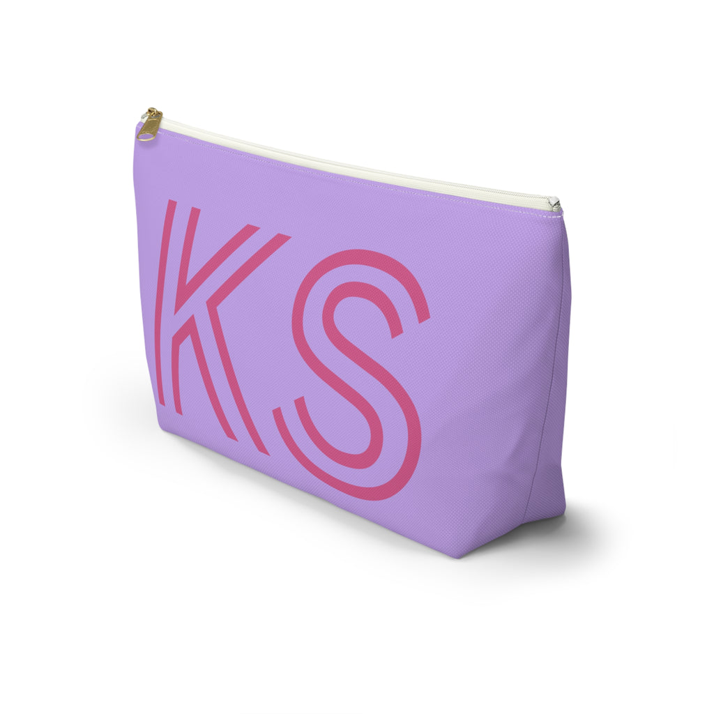 Side view of the lavender pink monogram personalized makeup bag with pink initials
