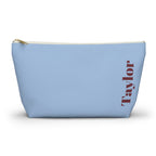Light Blue Burgundy Name personalized makeup bag front view with T-bottom