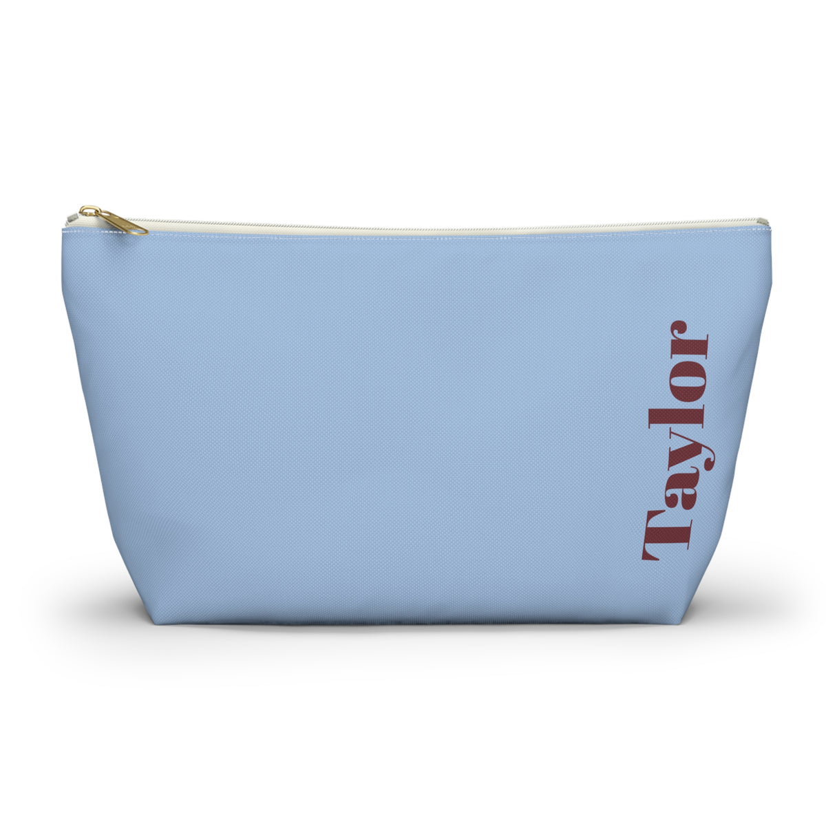 Light Blue Burgundy Name personalized makeup bag front view with T-bottom