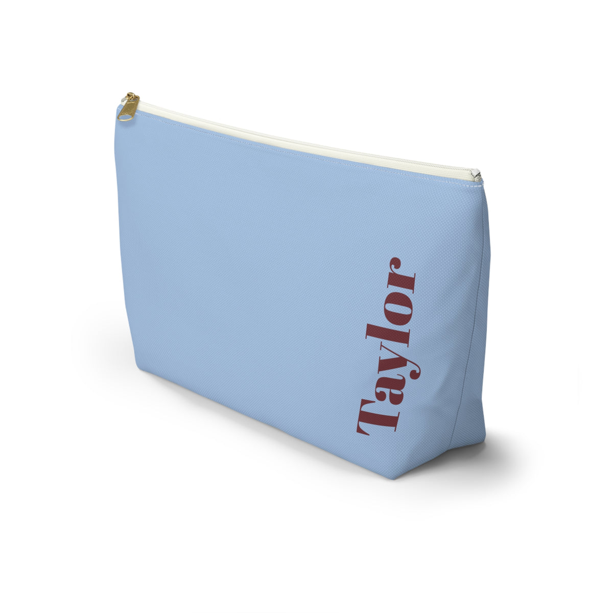 Side view of the Light Blue Burgundy Name personalized makeup bag