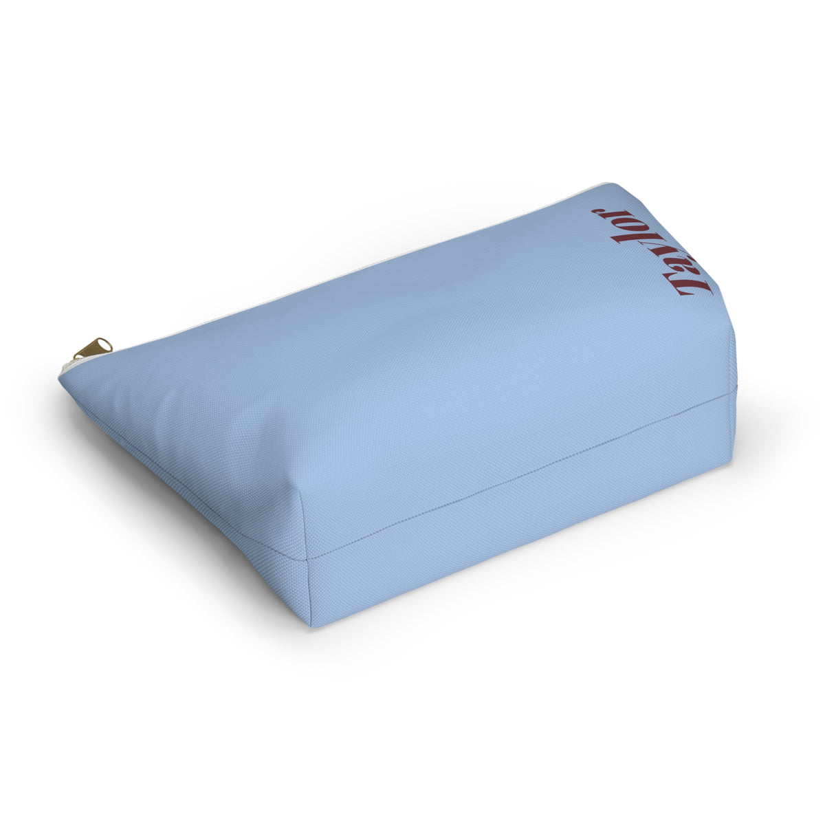 Light Blue Burgundy Name personalized makeup bag shown at an angle
