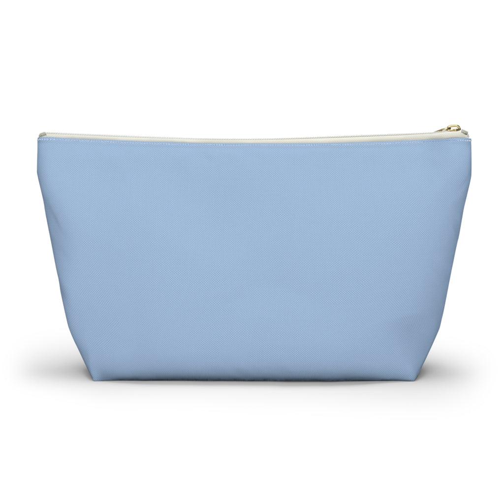 Plain light blue back of the Light Blue Burgundy Name personalized makeup bag