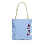 Light Blue Burgundy Name personalized tote bag front view with cream handles