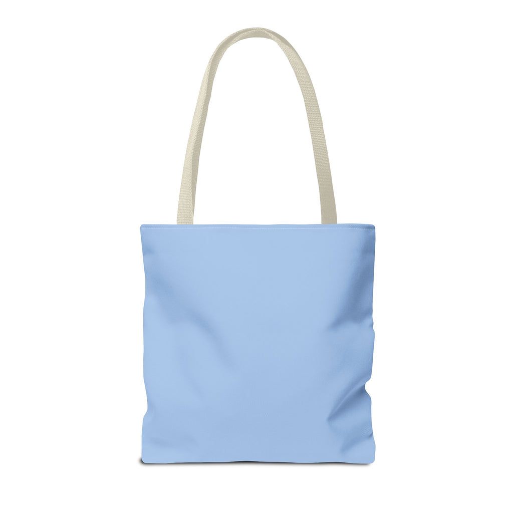 Plain light blue back view of the Light Blue Burgundy Name personalized tote bag