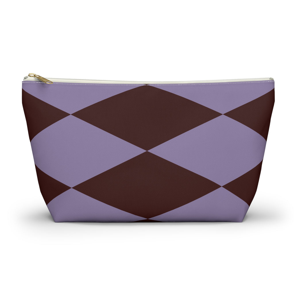 Lilac burgundy diamond makeup bag with gold zipper pull, front view