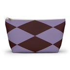 Lilac burgundy diamond makeup bag with gold zipper pull, front view