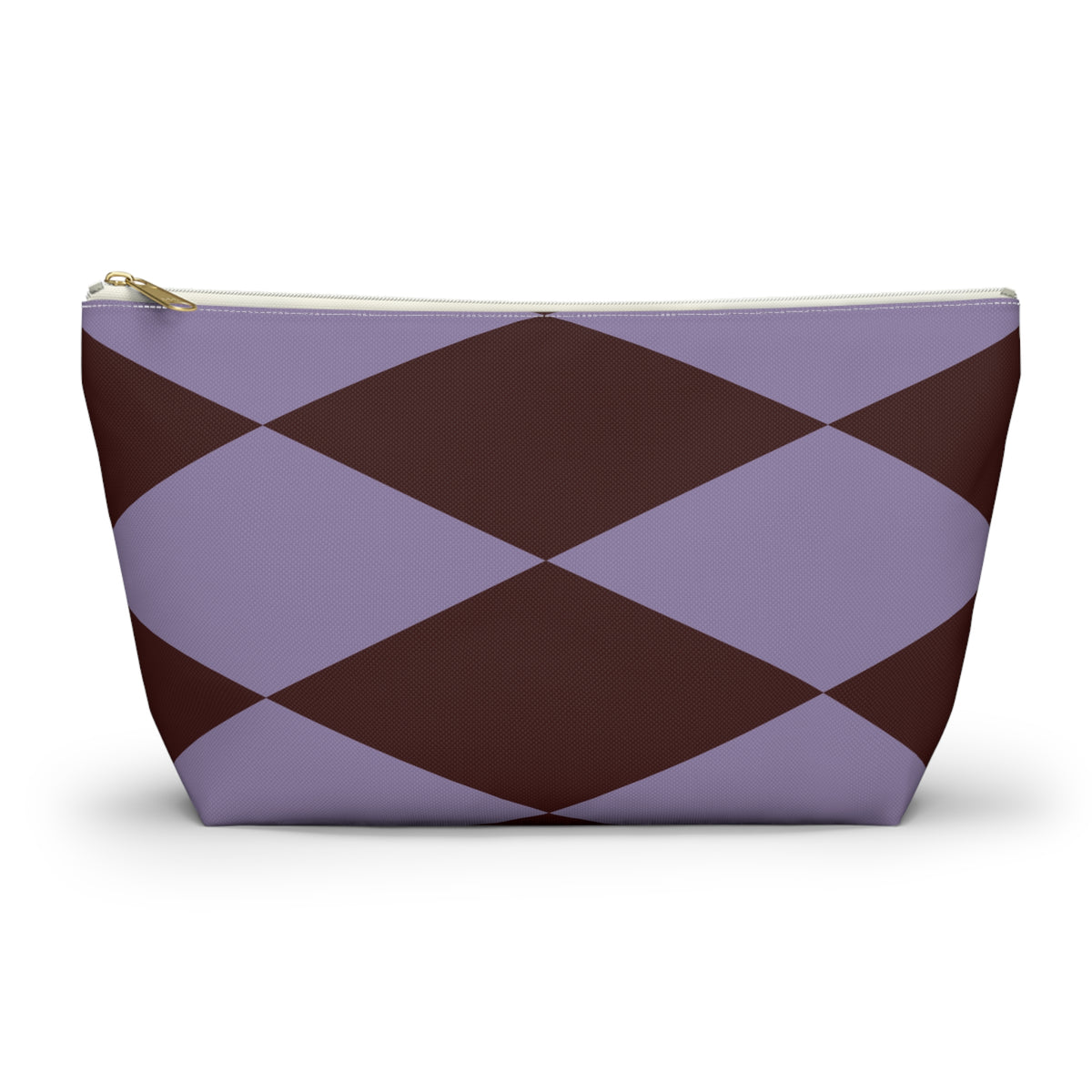 Lilac burgundy diamond makeup bag with gold zipper pull, front view