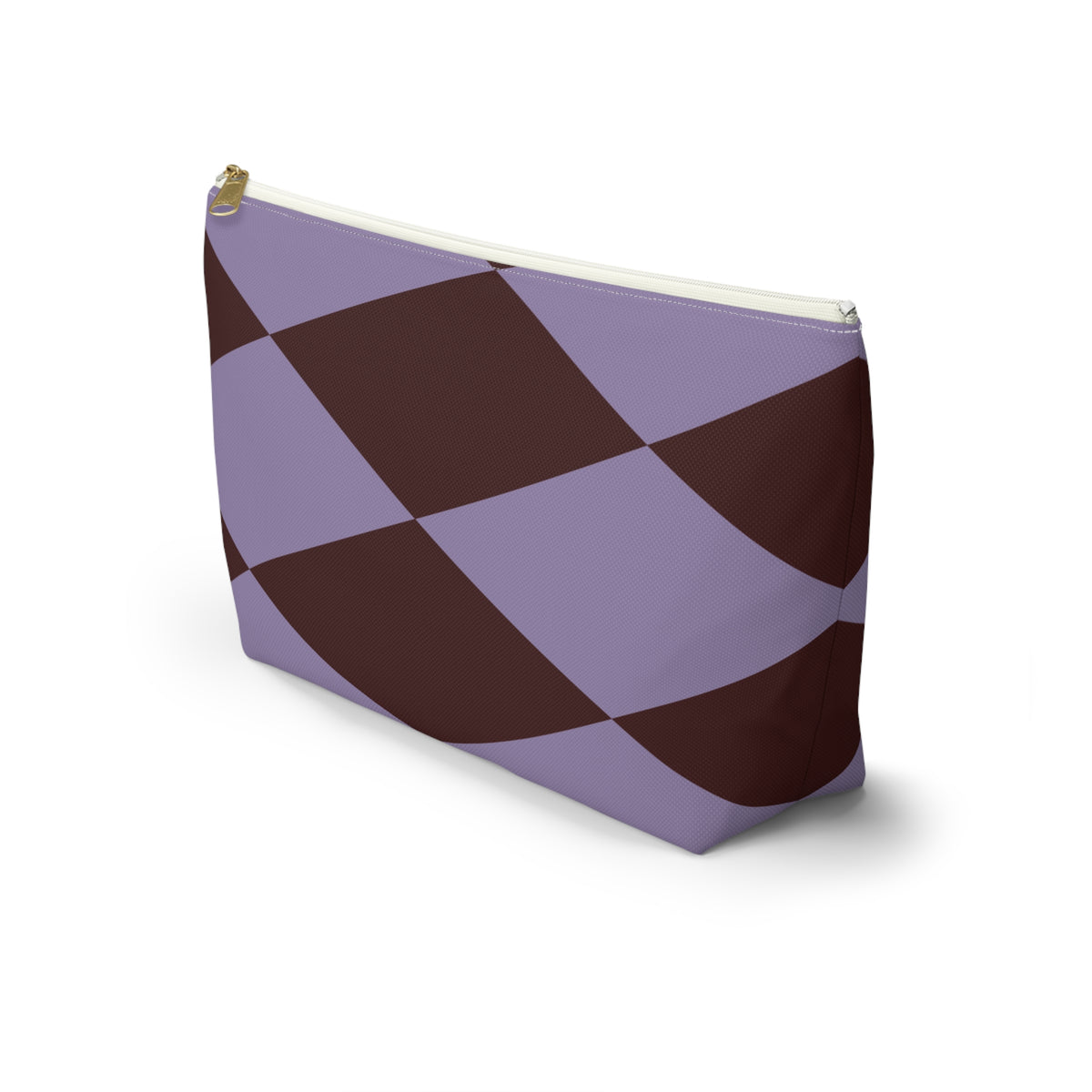 Side view of the lilac burgundy diamond makeup bag with flat T-shaped bottom