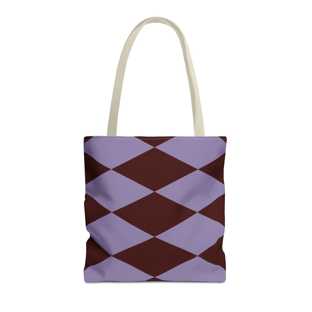 Lilac burgundy diamond tote bag with beige handles, front view on white background