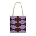 Lilac burgundy diamond tote bag with beige handles, front view on white background