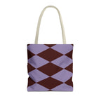 Lilac burgundy diamond tote bag with beige handles, front view on white background