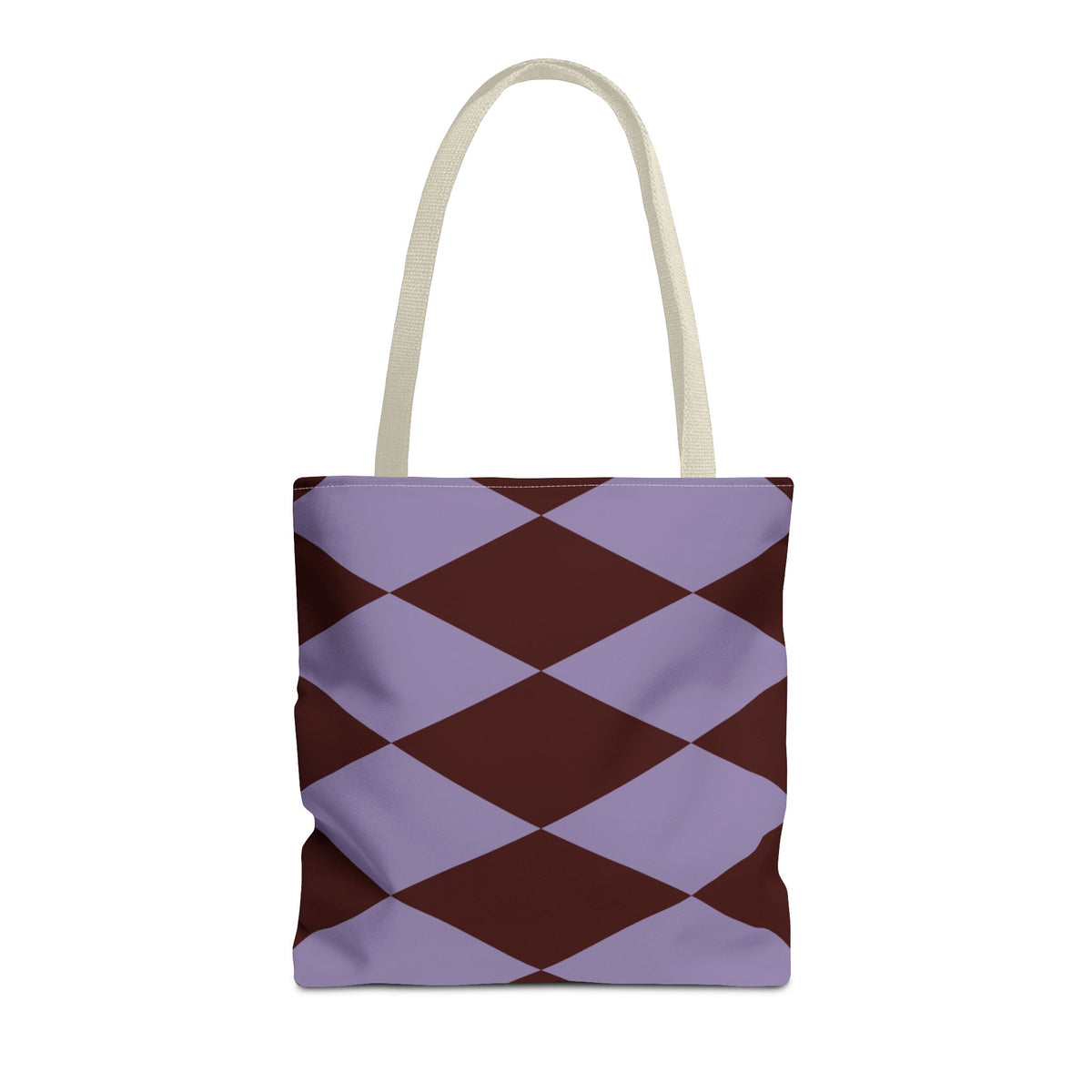 Lilac burgundy diamond tote bag with beige handles, front view on white background