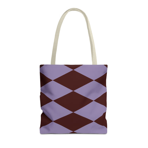 Lilac burgundy diamond tote bag with beige handles, front view on white background