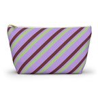 Lilac green diagonal striped makeup bag with gold zipper pull, front view