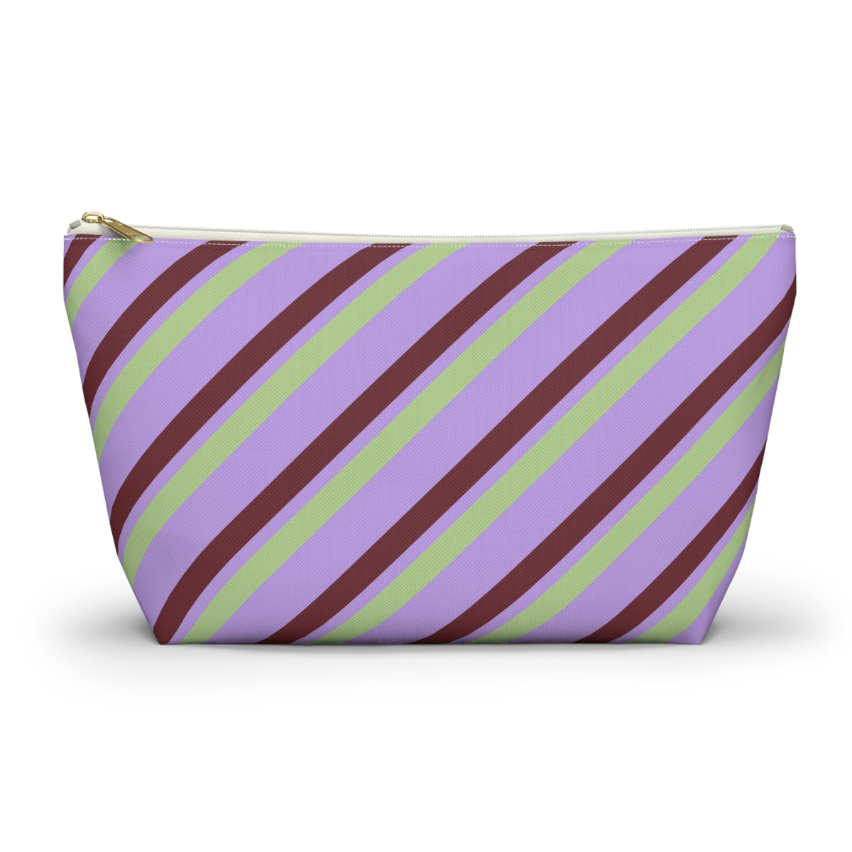 Lilac green diagonal striped makeup bag with gold zipper pull, front view