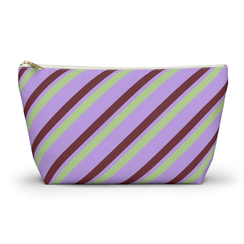 Lilac green diagonal striped makeup bag with gold zipper pull, front view