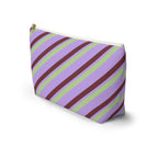 Lilac striped makeup bag with T-shaped bottom seen from the side