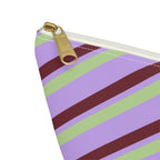 Close-up of the gold zipper pull on the lilac striped makeup bag
