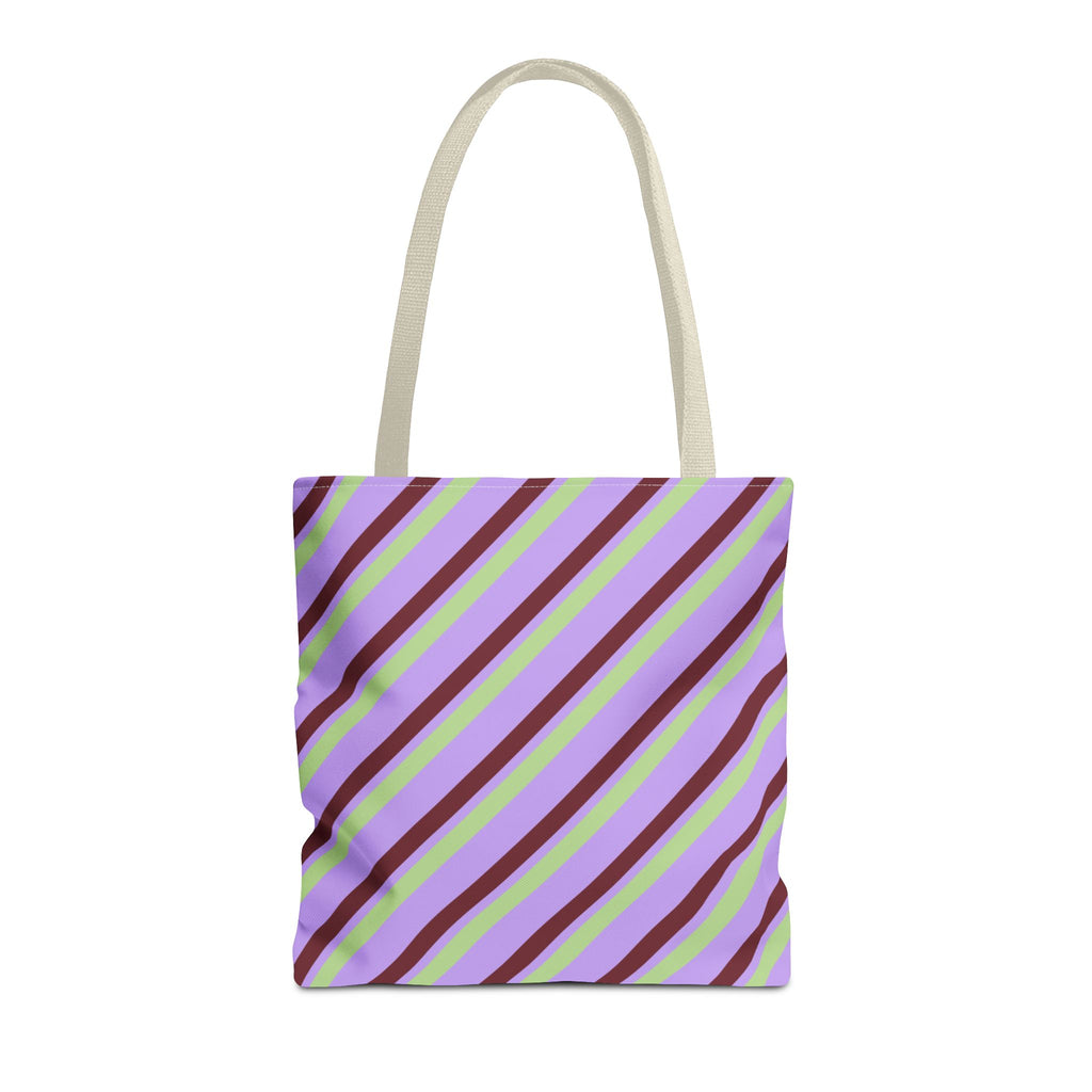 Lilac green diagonal striped tote bag with cream handles on a white background
