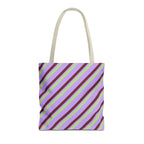 Lilac green diagonal striped tote bag with cream handles on a white background