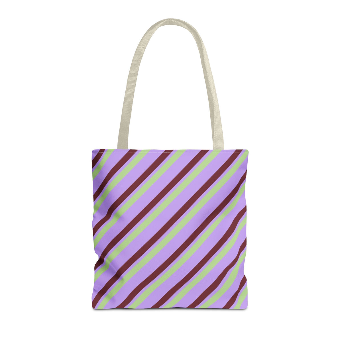 Lilac green diagonal striped tote bag with cream handles on a white background