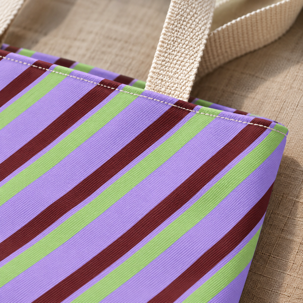 Close-up of the lilac, sage green and burgundy diagonal stripes on the tote bag
