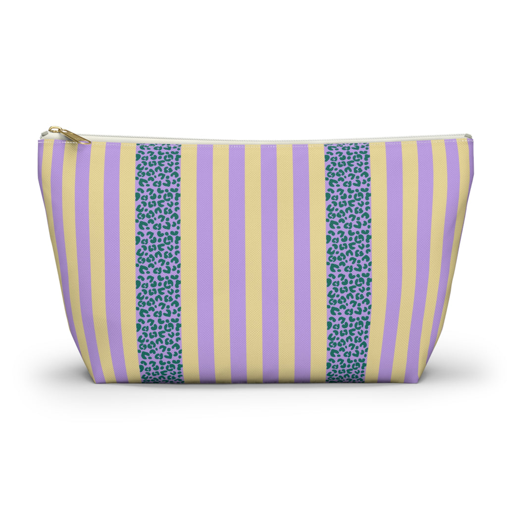 Lilac Leopard Striped makeup bag with T-bottom and gold zipper pull, front view