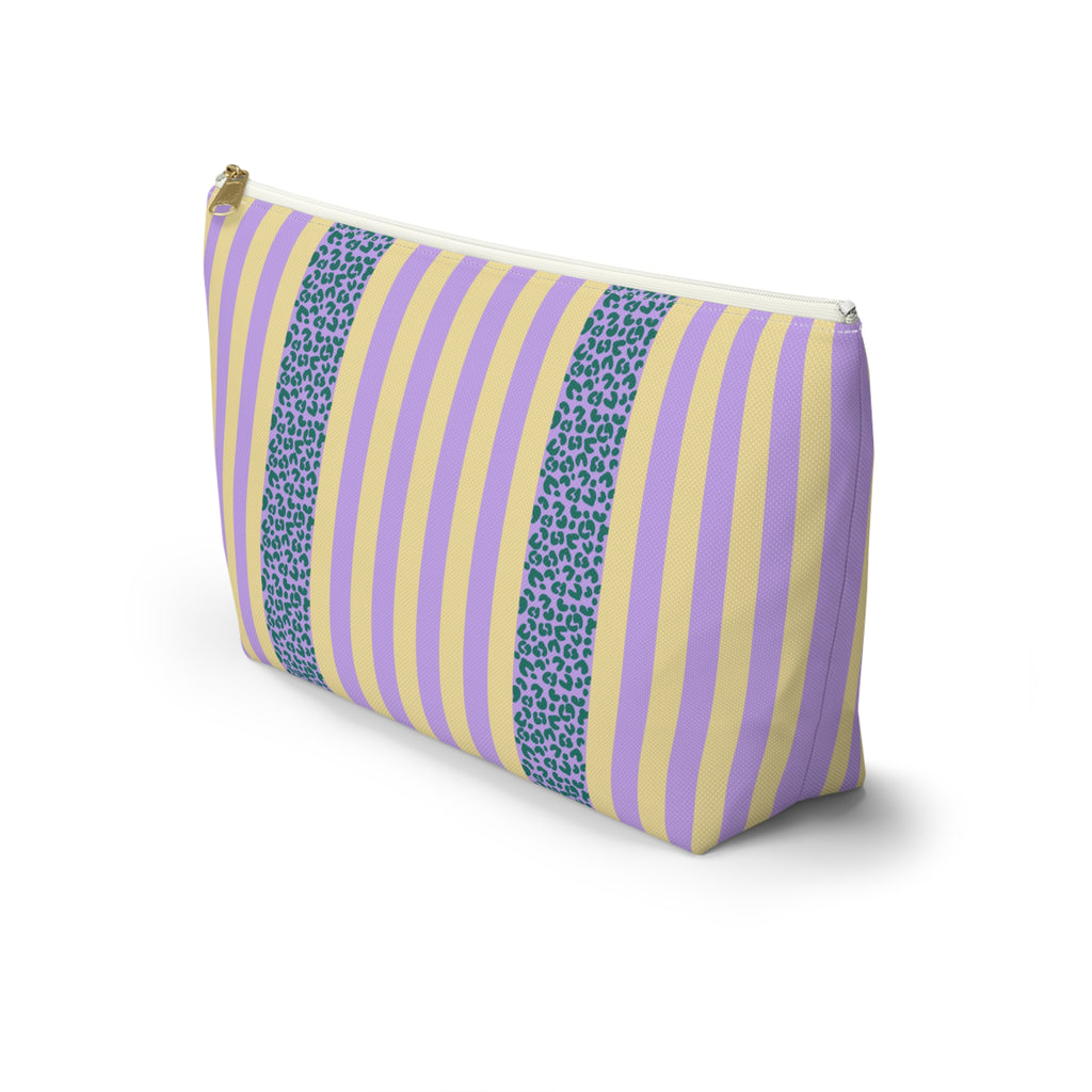 Side view of the Lilac Leopard Striped makeup bag